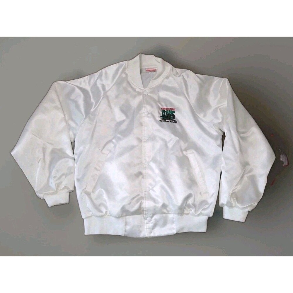 VINTAGE 1989 Hartwell 115th Kentucky Derby White Satin Bomber Jacket - Size Larg